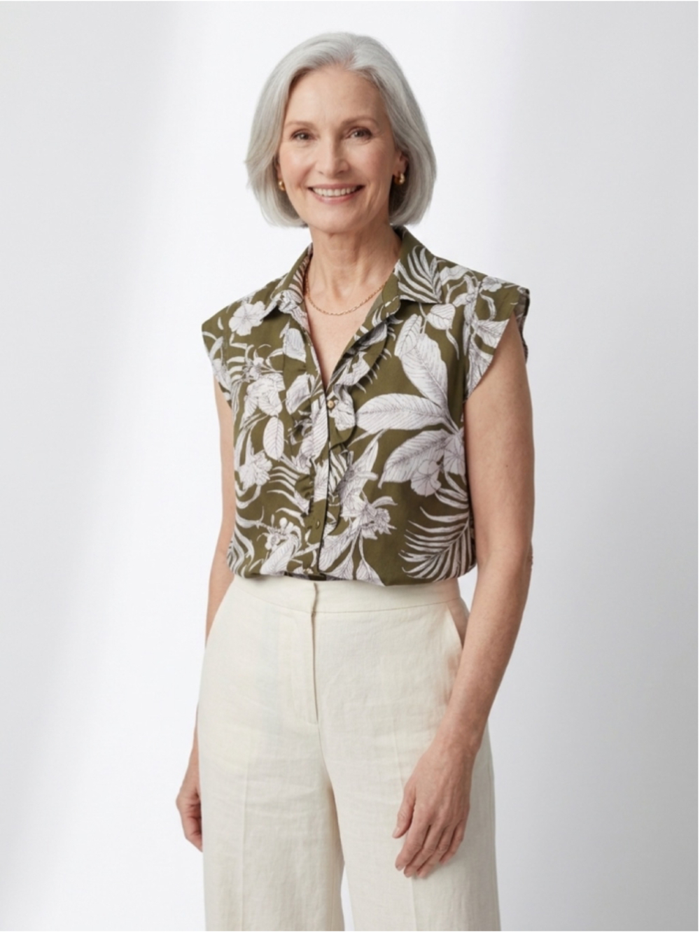 Women's Liz Claiborne Floral Blouse Olive White Size XL